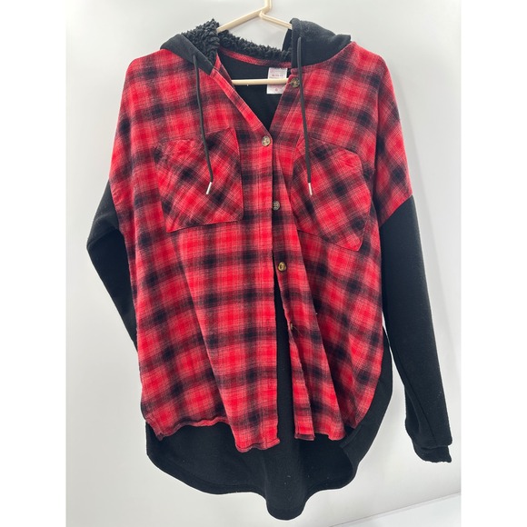No Boundaries Jackets & Blazers - No Boundaries Red Black Plaid Hooded Shirt Jacket XL 15-17 Sherpa Hood